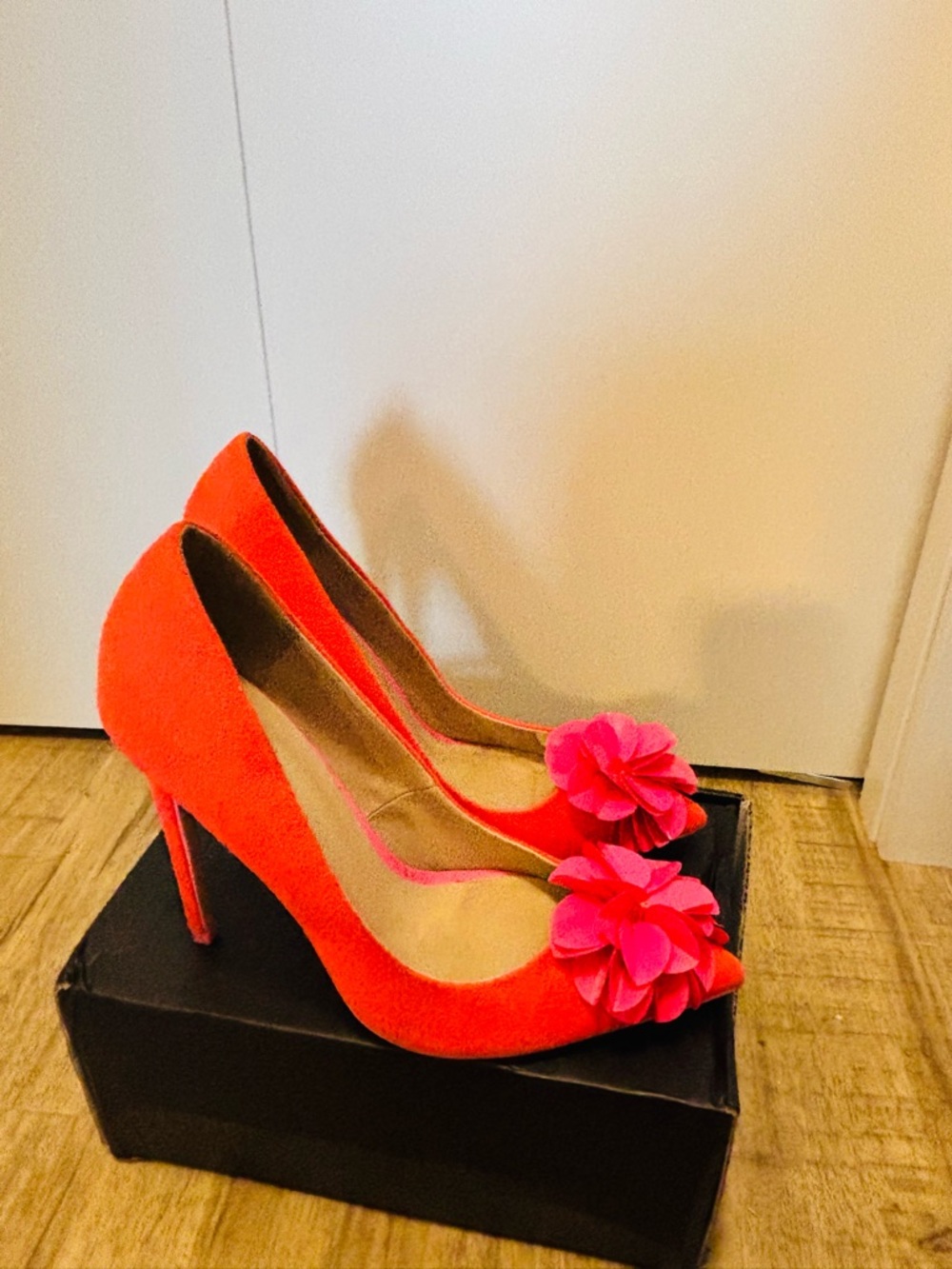 ASOS Bright Coral Heels with Pink Floral Detail